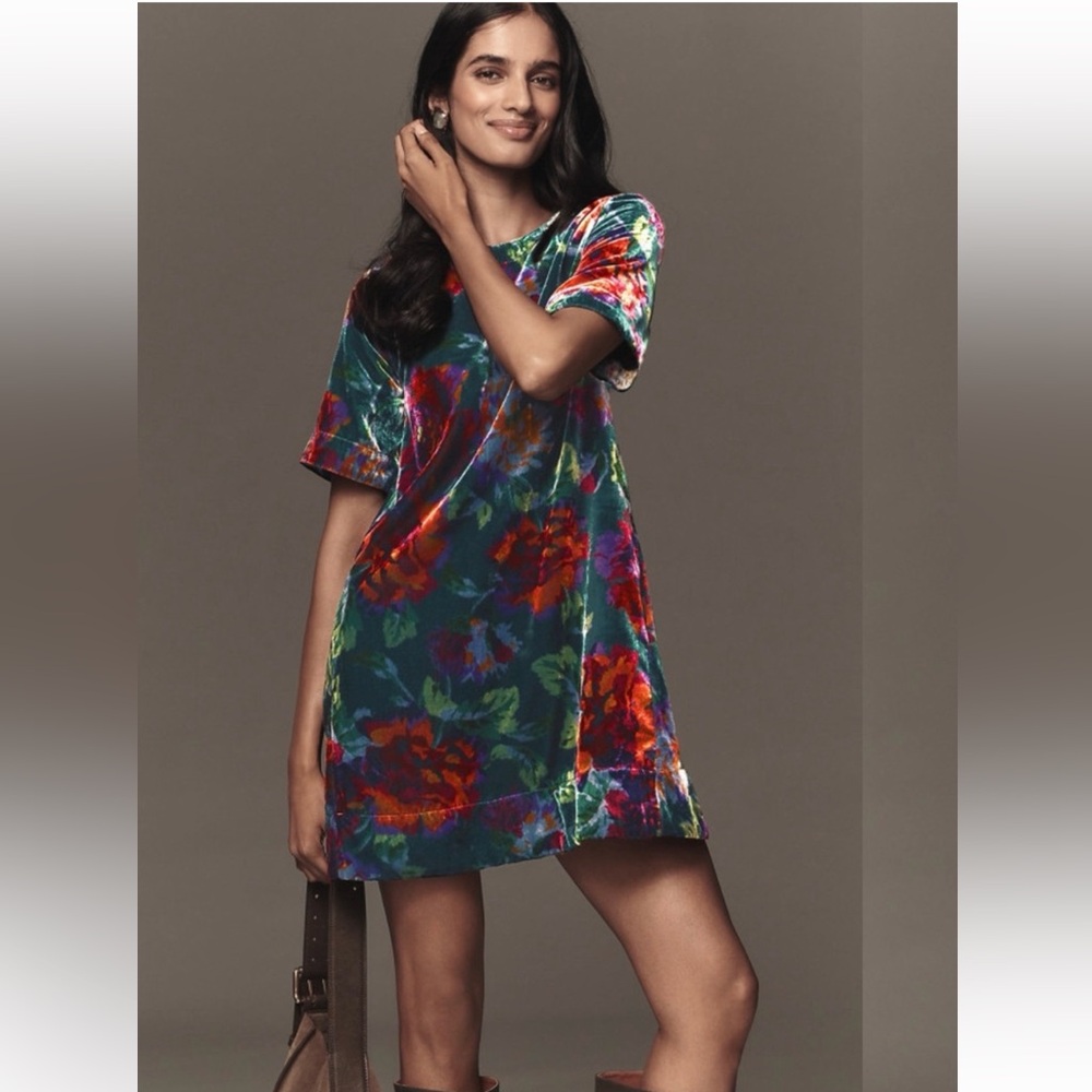 “MAEVE” Anthropologie Velvet Floral Mini Babydoll Shift Dress